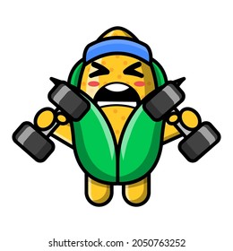cute corn doing fitness with dumbbell icon illustration vector graphic