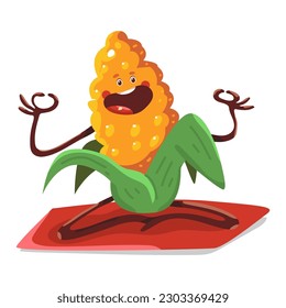 Cute corn doing yoga exercises vector cartoon vegetable character isolated on a white background.