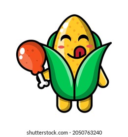 cute corn eating fried chicken icon illustration vector graphic