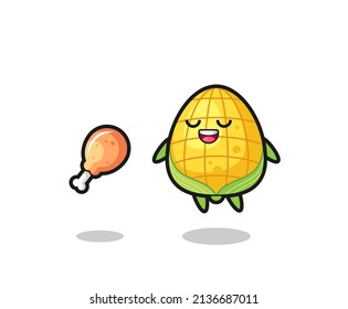 cute corn floating and tempted because of fried chicken , cute style design for t shirt, sticker, logo element