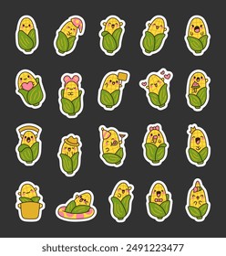 Cute corn with a funny face. Sticker Bookmark. Adorable cartoon vegetable. Hand drawn style. Vector drawing. Collection of design elements.