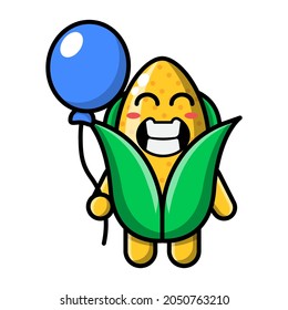 cute corn holding balloon icon illustration vector graphic