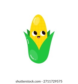 Maíz lindo aislado en el fondo blanco. Verduras. Estilo Groovy. Personajes infantiles. Elementos de diseño para materiales infantiles, libros, comida saludable, carteles y carteles de granja. Ilustración vectorial.