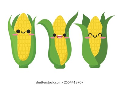 Cute corn with kawaii expression. Hand drawn corn set illustration. Suitable for flat design illustration, clip art, stickers, etc