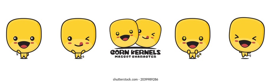 cute corn kernels mascot, food cartoon illustration, with different facial expressions and poses, isolated on white background