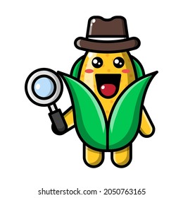 cute corn with magnifying glass icon illustration vector graphic