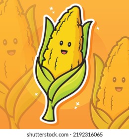 Cute Corn Mascot Vector Illustration. Flat Cartoon Sticker Style. Can be used for emoticon, ui, web, app intro card, editorial, emoji, icon.