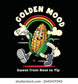 cute corn vegetable 70s retro comic cartoon character illustration	