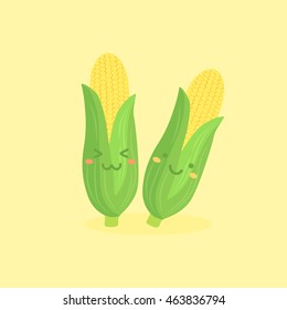 Cute Corn vegetable mascot vector illustration isolated on yellow background.