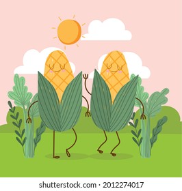 cute corns in grass cartoon