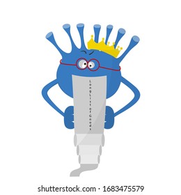 Cute Coronavirus Character in Glasses Reading Very Long List of Products to Buy. Mockery Illustration of Overstock Products Collecting Caused by Coronavirus Outbreak and Unreasonable Costumers Panick.
