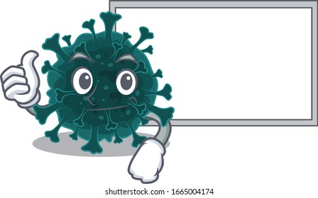 cute coronavirus COVID 19 cartoon character Thumbs up bring a white board