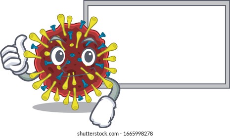 cute coronavirus molecule cartoon character Thumbs up bring a white board