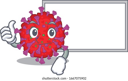 cute coronavirus particle cartoon character Thumbs up bring a white board