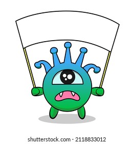 Cute coronavirus with a poster for text. COVID 19 banner