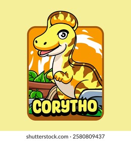Cute Corythosaurus Dinosaur Character Mascot in Vector Cartoon Illustration Design for kid, sticker, badge, patch, banner, greeting card