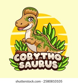Cute Corythosaurus Dinosaur Character Mascot in Vector Cartoon Illustration Design for kid, sticker, badge, patch, banner, greeting card
