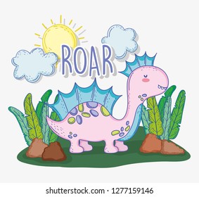 cute corythosaurus with plants and sun with clouds