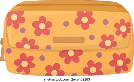 Cute cosmetic bag with floral print isolated on transparent background. Bright case for cosmetics, beauty tools