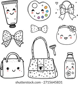 Personajes de dibujos animados cosméticos lindos – crema, paleta, bolsos, arcos, botellas, caras sonrientes para temas decorativos divertidos