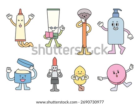 Cute cosmetic characters including lipstick, cream, brush, and lotion personified with faces and limbs in a fun and colorful illustration.