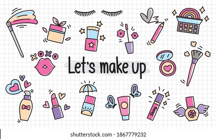 Cute cosmetics vector set in doodle style.