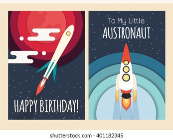 Cute cosmic birthday cards, brochures, postcards with stars, rockets and planets. Modern cartoon flat style