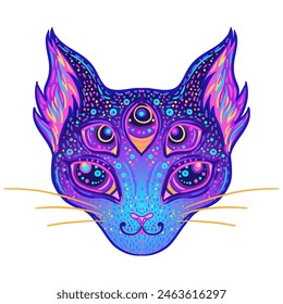 Cute cosmic cat face. Galaxy tattoo design, artwork for print, textiles. Isolated vector illustration.