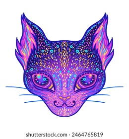 Cute cosmic cat face. Galaxy tattoo design for pet lovers, artwork for print, textiles. Isolated vector illustration.