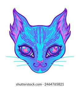 Cute cosmic cat face. Galaxy tattoo design for pet lovers, artwork for print, textiles. Isolated vector illustration.