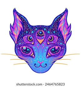 Cute cosmic cat face. Galaxy tattoo design for pet lovers, artwork for print, textiles. Isolated vector illustration.