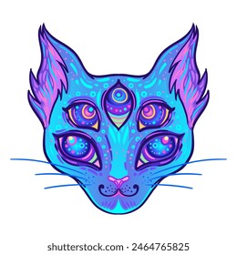 Cute cosmic cat face. Galaxy tattoo design for pet lovers, artwork for print, textiles. Isolated vector illustration.