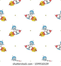 Cute cosmic pattern. Hand drawn pattern of funny cat astronauts riding a spaceship on a white background. Vector 8 EPS.
