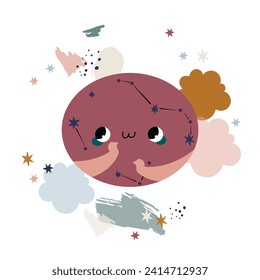 Cute Cosmic Set  with Doodle Meteorites and Planet. Collection of naive stellar stickers. Cosmic Scandinavian vector collection.