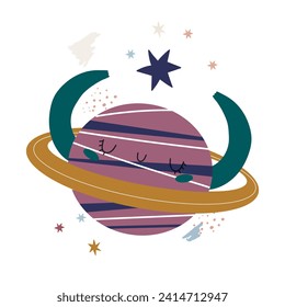 Conjunto Cósmico con Meteoritos de Doodle y Planeta. Colección de pegatinas estelares ingenuas. Colección de vectores cósmicos escandinavos.
