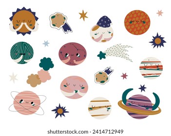 Cute Cosmic Set  with Doodle Meteorites and Planet. Collection of naive stellar stickers. Cosmic Scandinavian vector collection.