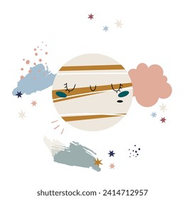 Cute Cosmic Set  with Doodle Meteorites and Planet. Collection of naive stellar stickers. Cosmic Scandinavian vector collection.