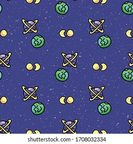 Cute cosmic space background seamless vector pattern. Hand drawn galaxy cartoon, planets, stars for trendy fashion prints. Child room decor, kids universe travel backdrop. Solar system all over print.