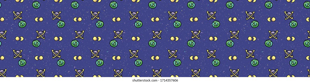 Cute cosmic space background seamless vector border. Hand drawn galaxy cartoon, planets, stars for trendy fashion prints. Child room decor, kids universe travel backdrop. Solar system all over print.