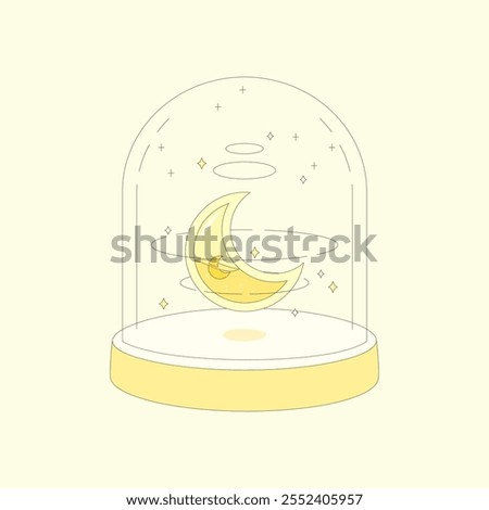 cute cosmic yellow crescent moon in the glass cloche, vector illustration
