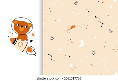 Cute cosmonaut bear is flying on a rocket. A set with a seamless pattern with stars