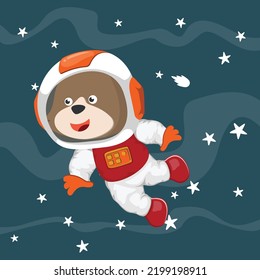 Cute cosmonaut bear in a spacesuit flies in outer space. Vector illustration on the space theme in cartoon style.