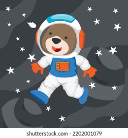 Cute cosmonaut bear in a spacesuit flies in outer space. Vector illustration on the space theme in cartoon style.