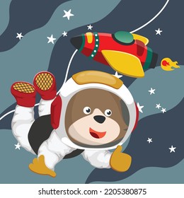 Cute cosmonaut bear in a spacesuit flies in outer space. Vector illustration on the space theme in cartoon style.