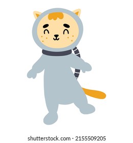 Cute cosmonaut cat. Cartoon style children character. Space illustration.