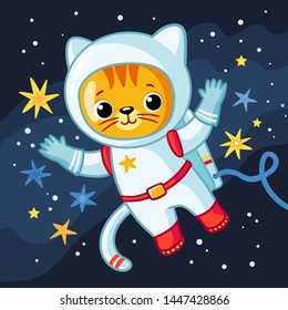 Cute Cosmonaut Cat In A Spacesuit Flies In Outer Space. Vector Illustration On The Space Theme In Cartoon Style.