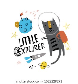 Cute cosmonaut cat in a spacesuit flies in outer space. Vector illustration on the space theme in childish style. Slogan LITTLE EXPLORER.