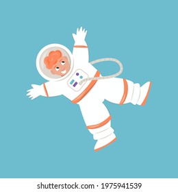Cute cosmonaut character exploring outer space vector flat cartoon illustration isolated on blue background. Astronaut in spacesuit flying. Funny human spaceflight, modern science technologies.