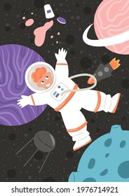 Cute cosmonaut character exploring outer space vector flat cartoon illustration. Astronaut in spacesuit flying against planets and stars. Funny human spaceflight, modern science technologies.