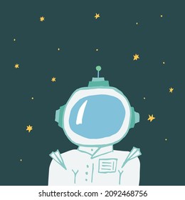 Cute cosmonaut and dark sky with stars. Hand drawn flat illustration can be used for prints, cards, posters, covers, stickers and other designs